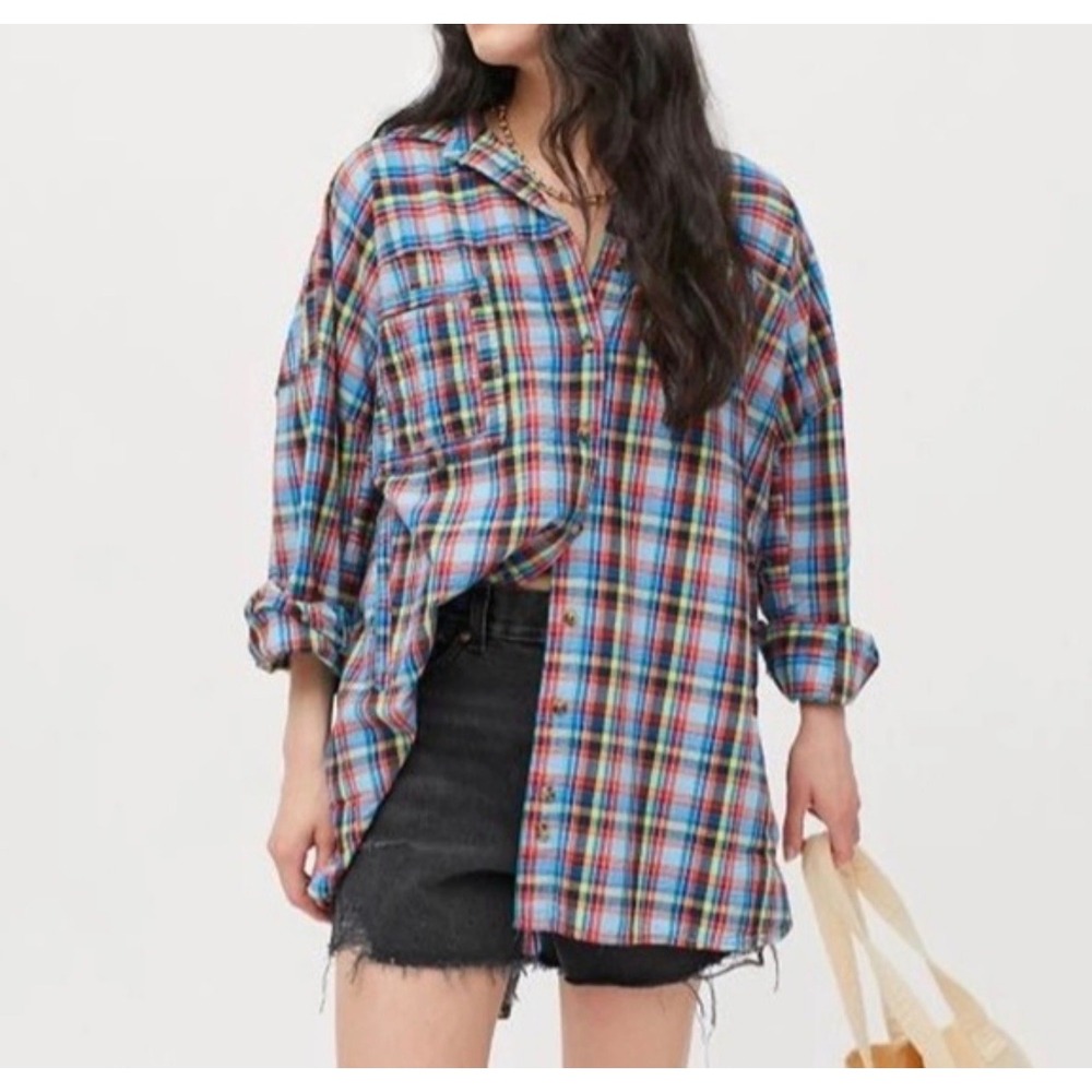 Urban Outfitters Oversized Bryce Plaid Longline Button-Down Shirt Womens Size XS
